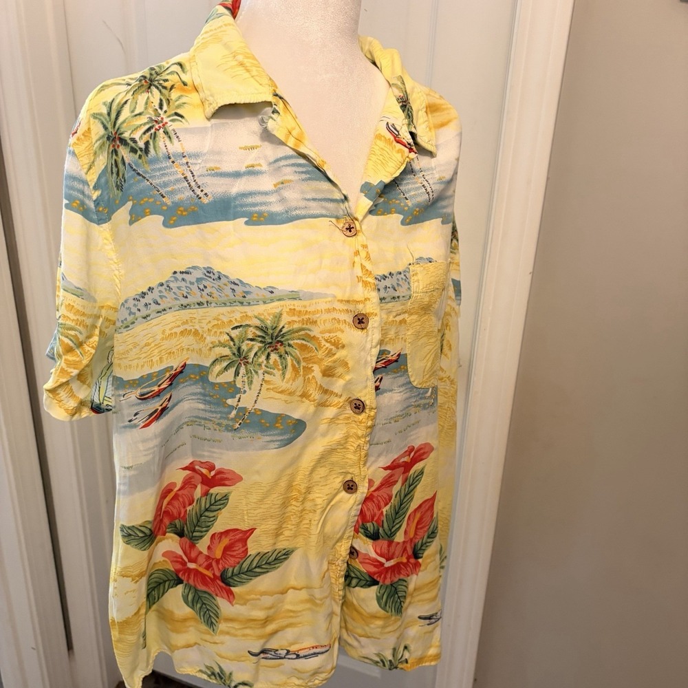 Vintage Gloria Vanderbilt 1X Rayon Hawaiian Shirt Tropical Sailboat Palm Tree